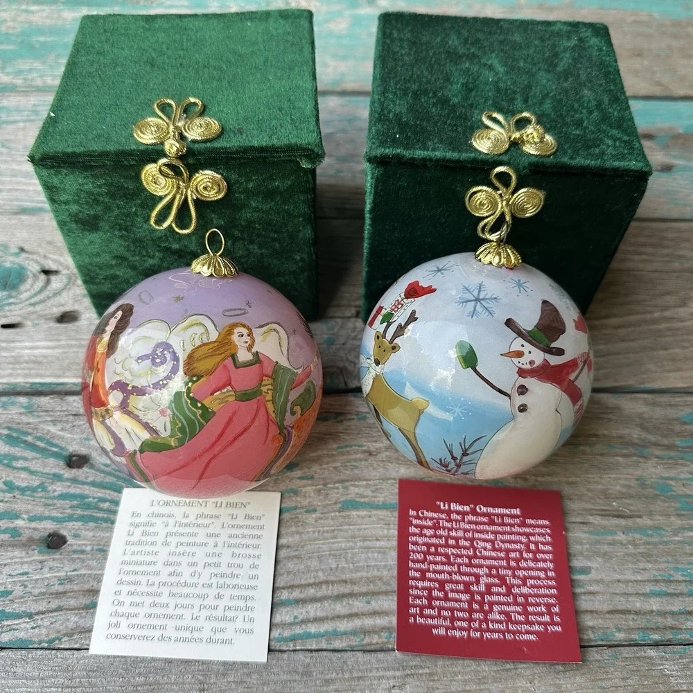 Pier 1 Li‎ Bien Glass Christmas Ornaments Santa Snowman Angels Box Set Of 2